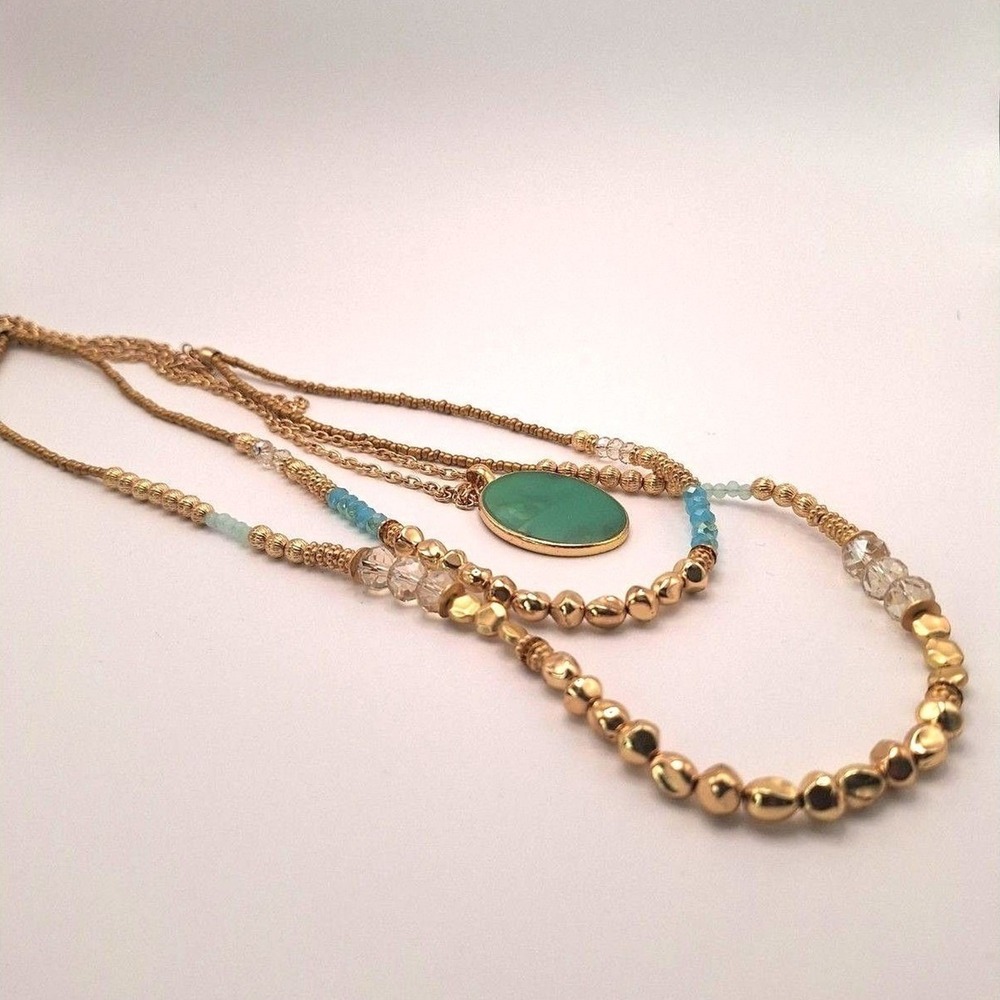 Vintage 3 strand pendant necklace chain green blue accent beads gold tone